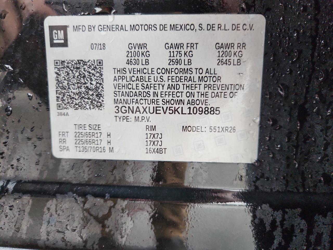 2019 Chevrolet Equinox Lt VIN: 3GNAXUEV5KL109885 Lot: 81625125