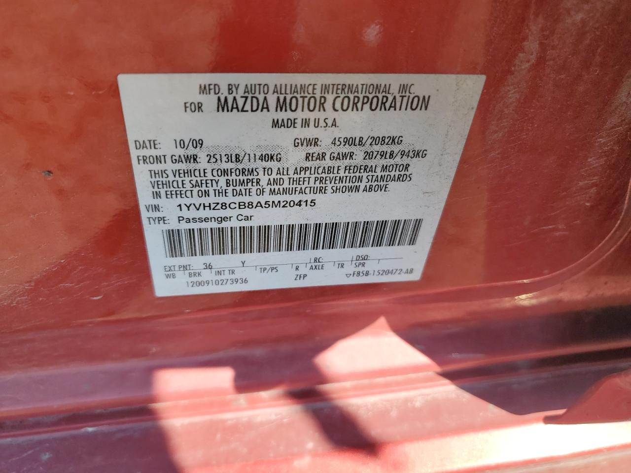 2010 Mazda 6 S VIN: 1YVHZ8CB8A5M20415 Lot: 71450225