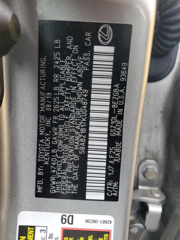 2019 Lexus Es 350 VIN: 58ABZ1B17KU048749 Lot: 81674265