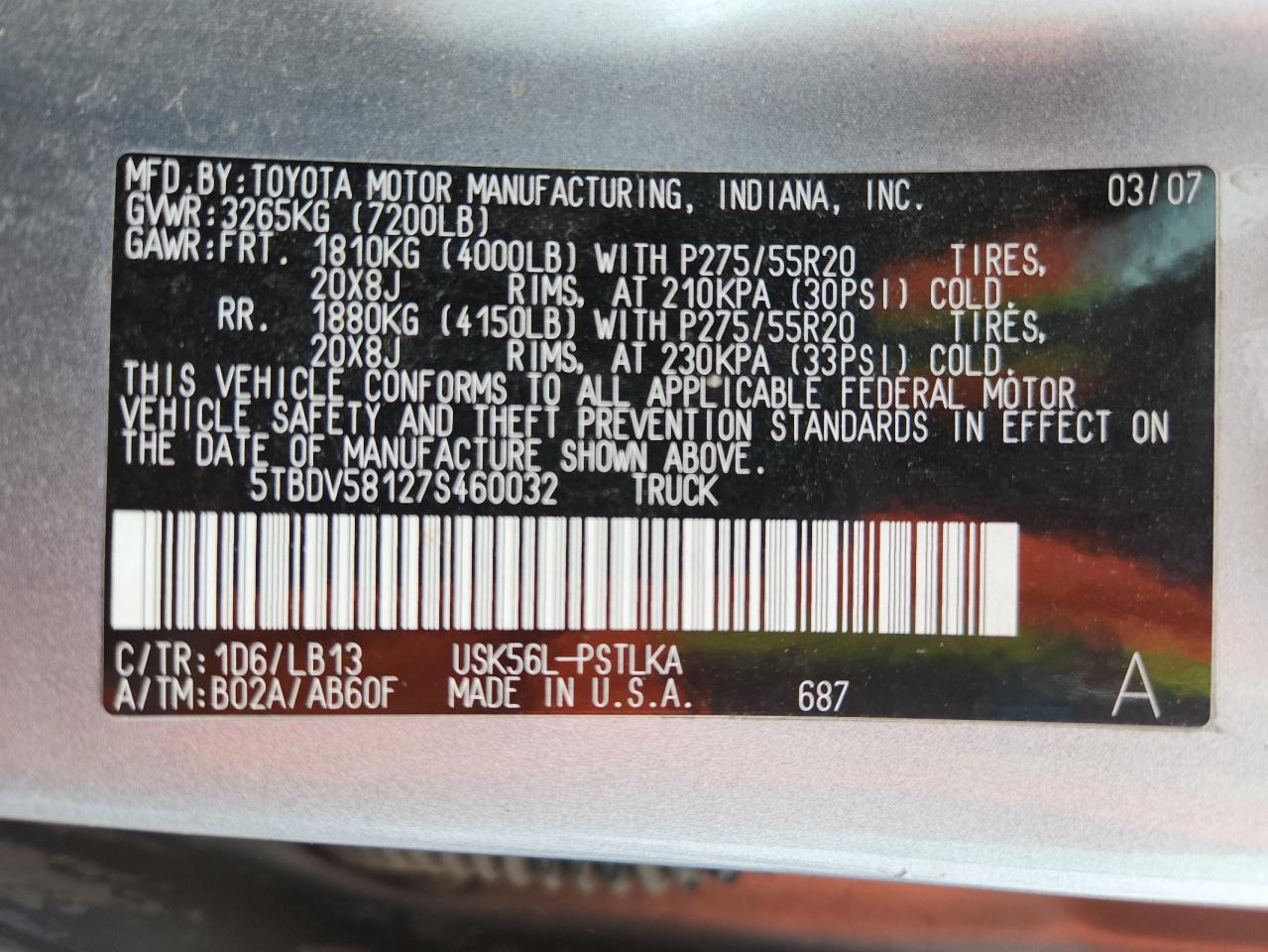 2007 Toyota Tundra Crewmax Limited VIN: 5TBDV58127S460032 Lot: 70481945
