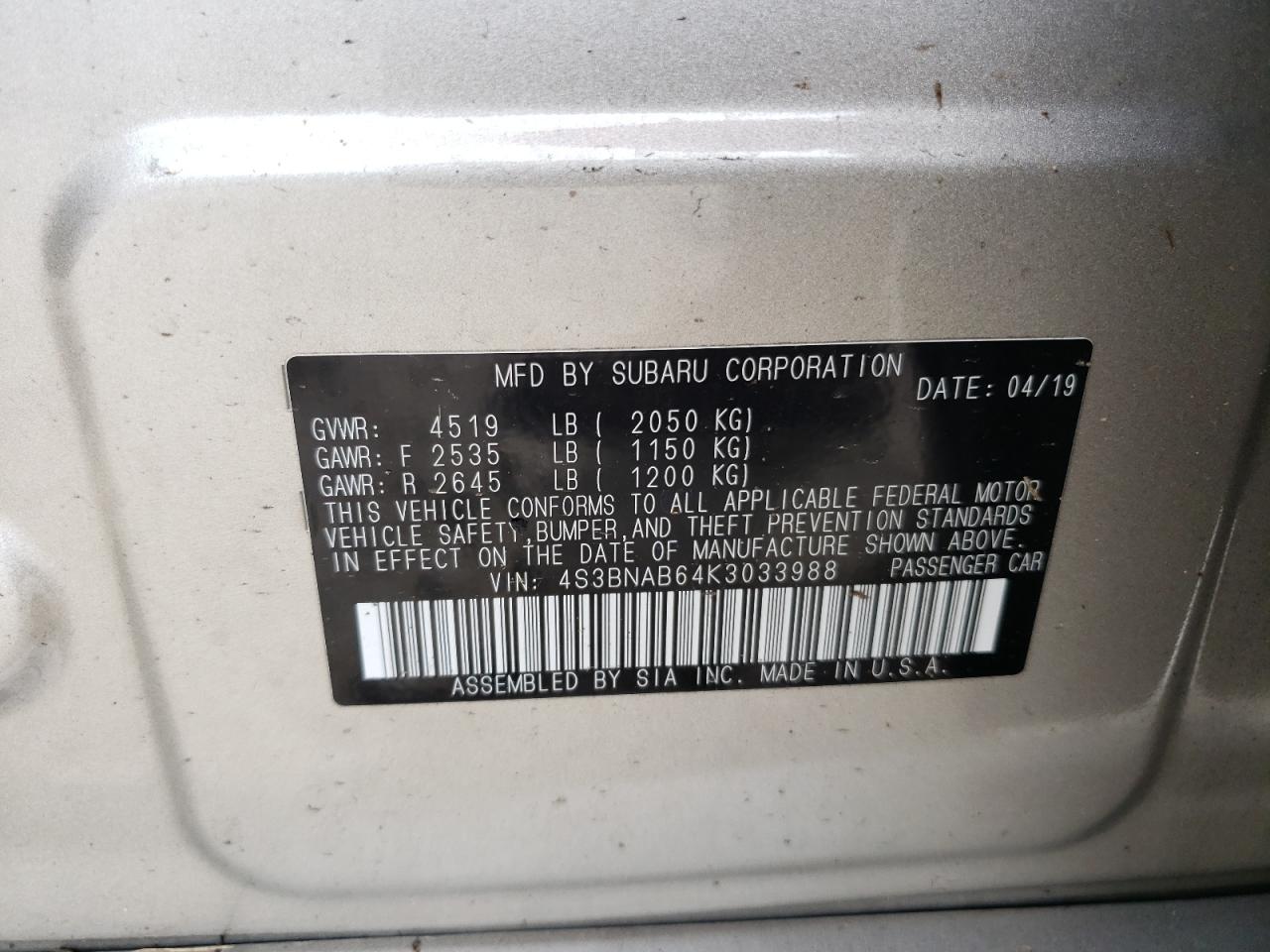 2019 Subaru Legacy 2.5I VIN: 4S3BNAB64K3033988 Lot: 81159445