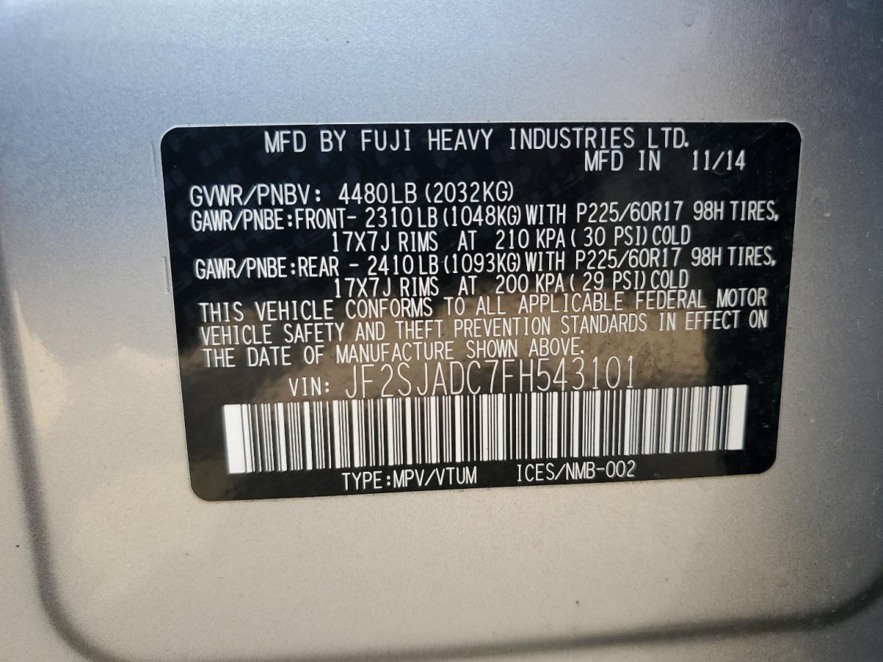 2015 Subaru Forester 2.5I Premium VIN: JF2SJADC7FH543101 Lot: 81102015