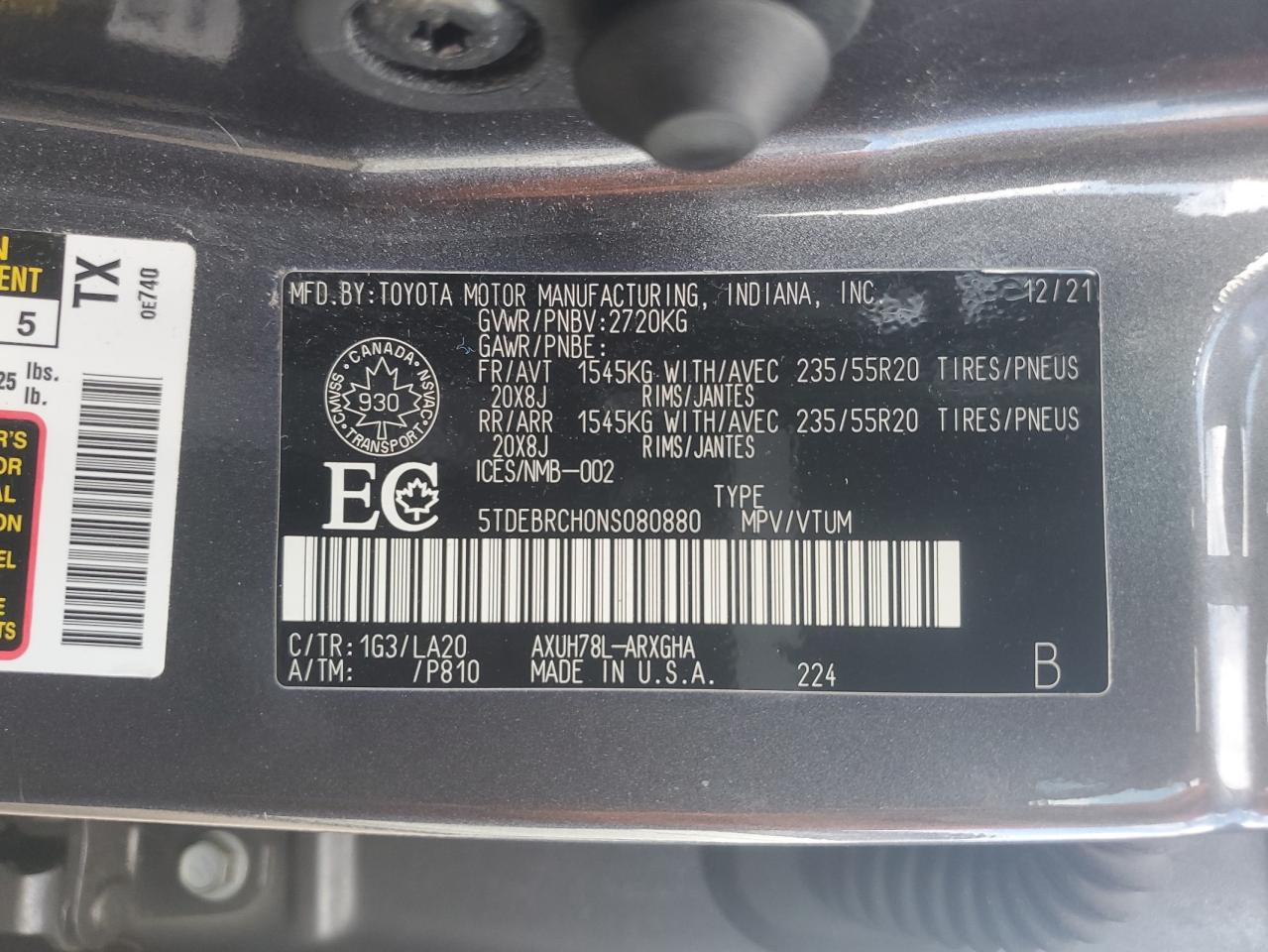 2022 Toyota Highlander Hybrid Platinum VIN: 5TDEBRCH0NS080880 Lot: 71965295