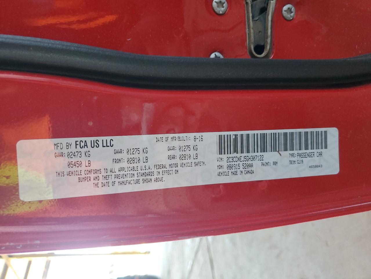 2016 Dodge Charger Srt 392 VIN: 2C3CDXEJ5GH307122 Lot: 72042795