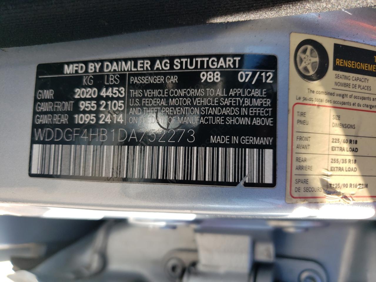 2013 Mercedes-Benz C 250 VIN: WDDGF4HB1DA752273 Lot: 80204335