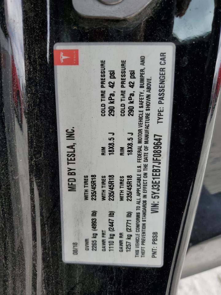 2018 Tesla Model 3 VIN: 5YJ3E1EB7JF089647 Lot: 84385885