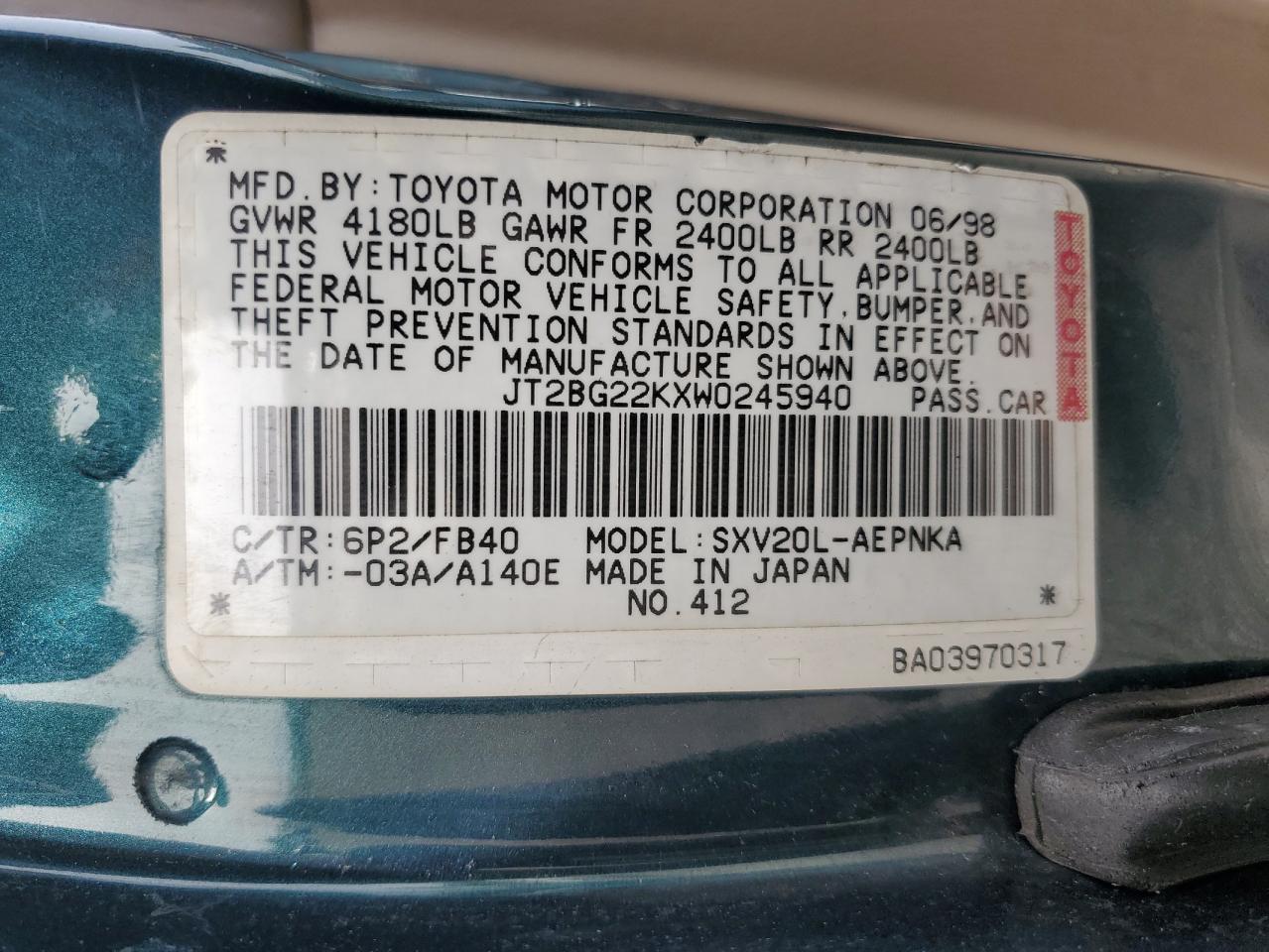 1998 Toyota Camry VIN: JT2BG22KXW0245940 Lot: 81934805