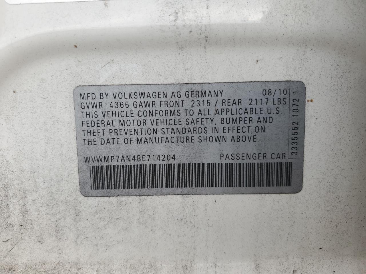 2011 Volkswagen Cc Sport VIN: WVWMP7AN4BE714204 Lot: 83990155
