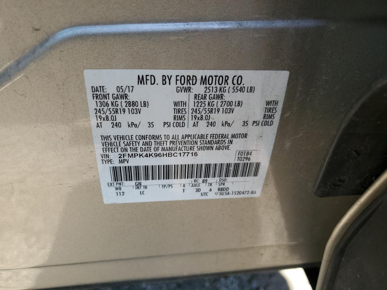 2017 Ford Edge Titanium VIN: 2FMPK4K96HBC17716 Lot: 81849235