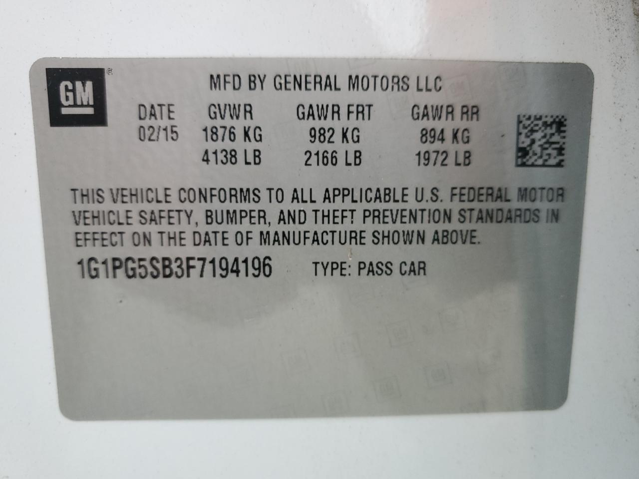 2015 Chevrolet Cruze Ltz VIN: 1G1PG5SB3F7194196 Lot: 84371925