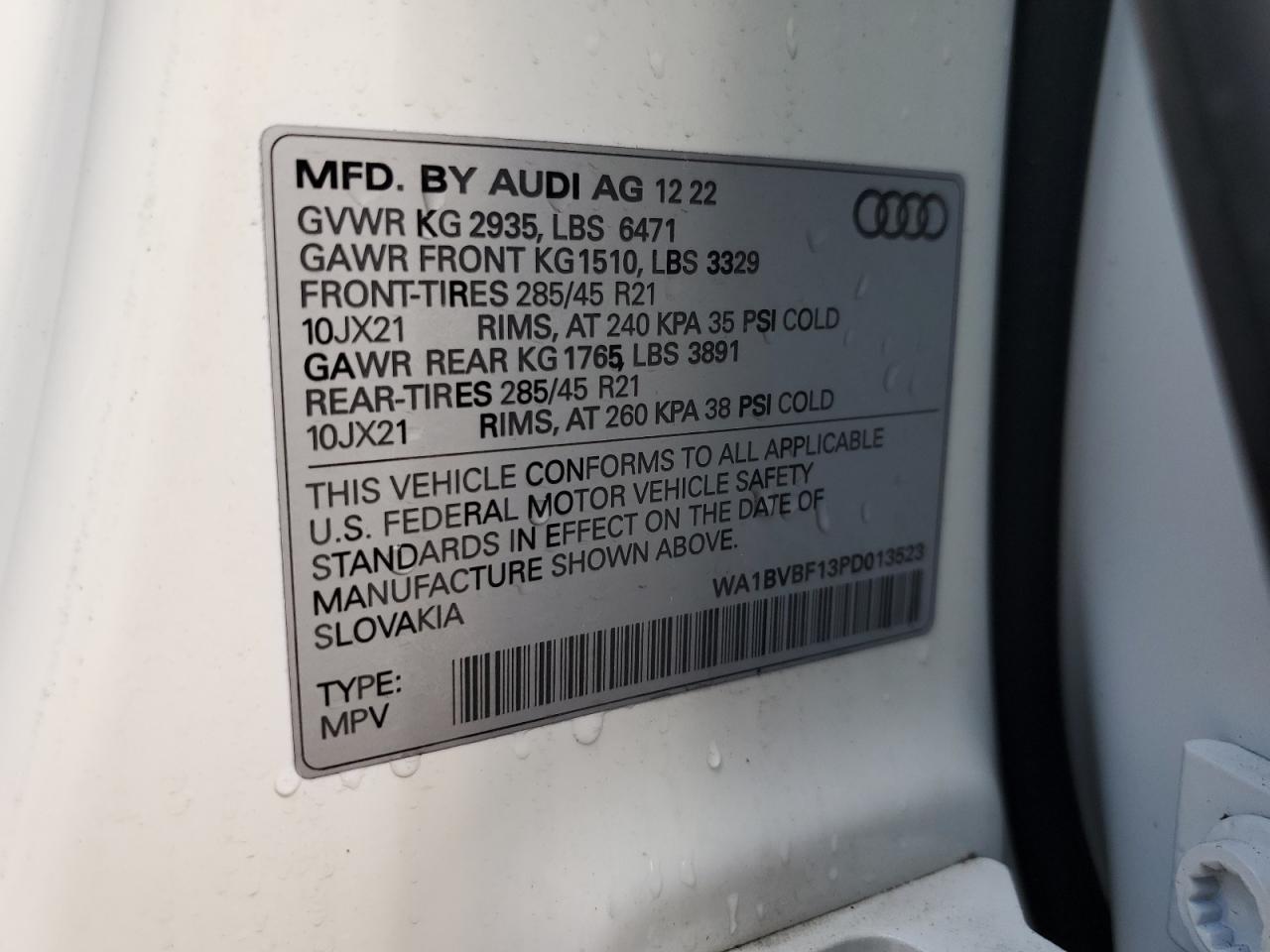 2023 Audi Q8 Premium Plus VIN: WA1BVBF13PD013523 Lot: 70472895