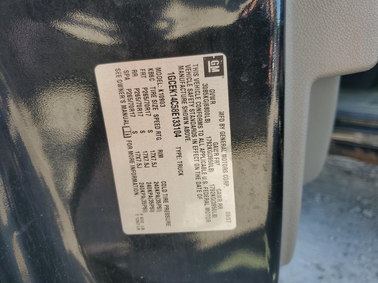 2008 Chevrolet Silverado K1500 VIN: 1GCEK14C58E133104 Lot: 80115735