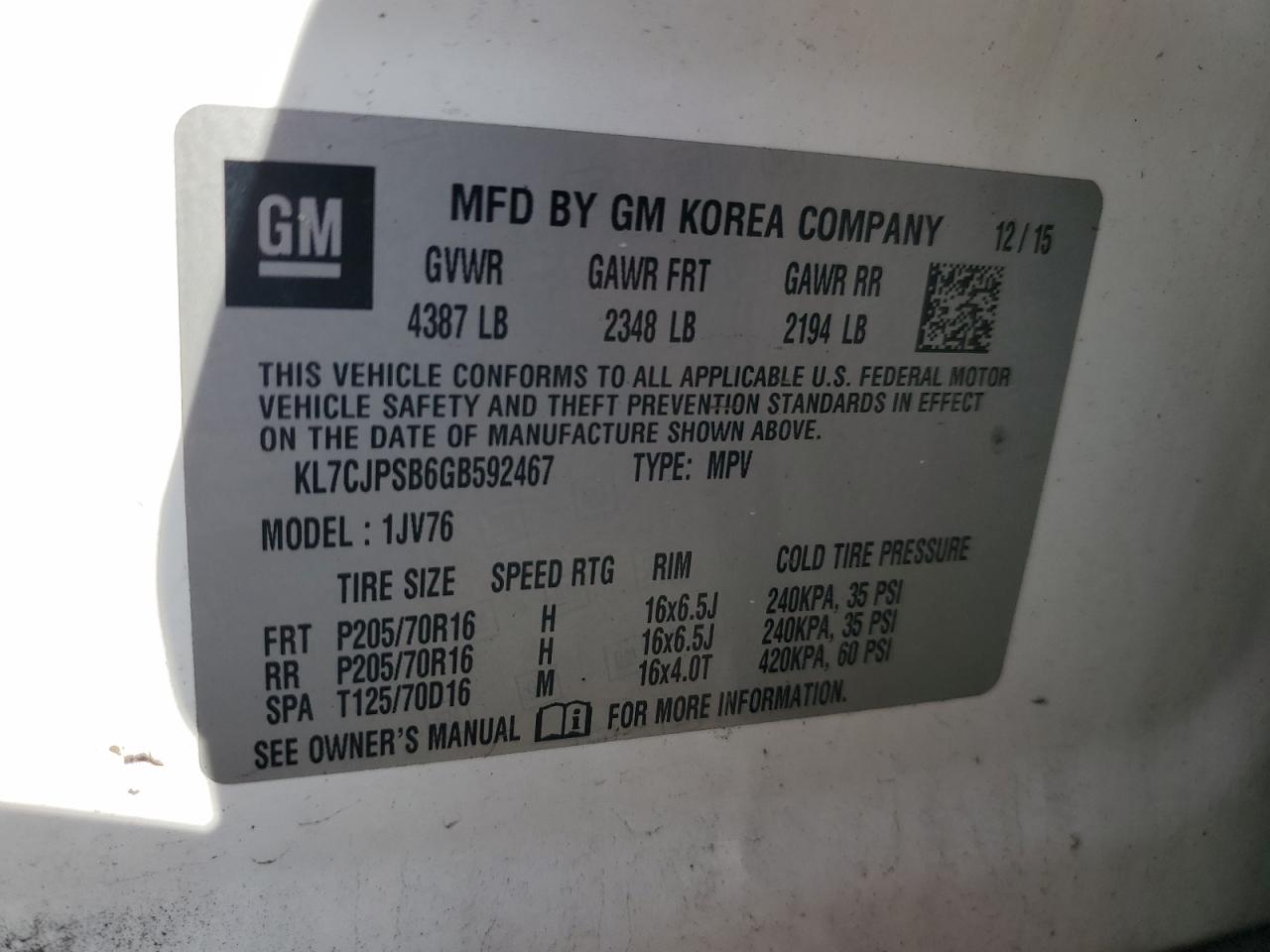 2016 Chevrolet Trax 1Lt VIN: KL7CJPSB6GB592467 Lot: 83889445