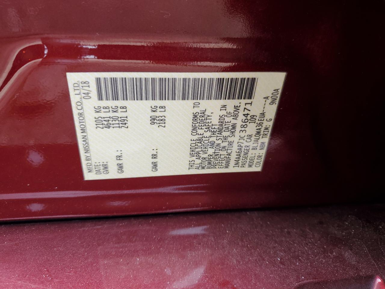 2018 Nissan Maxima 3.5S VIN: 1N4AA6AP7JC386471 Lot: 83860515