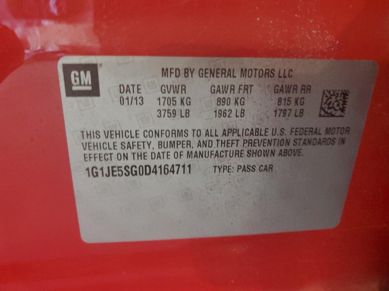 2013 Chevrolet Sonic Ltz VIN: 1G1JE5SG0D4164711 Lot: 81845895