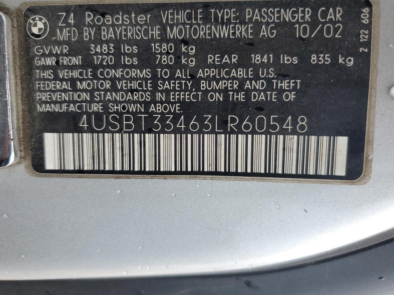 2003 BMW Z4 2.5 VIN: 4USBT33463LR60548 Lot: 84444475