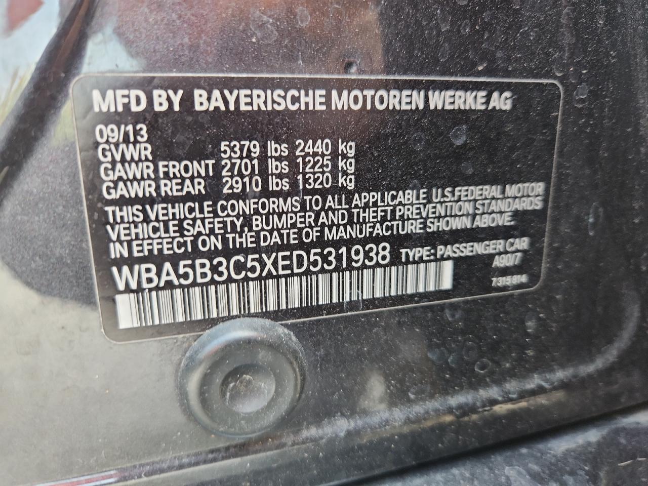 2014 BMW 535 Xi VIN: WBA5B3C5XED531938 Lot: 81505565