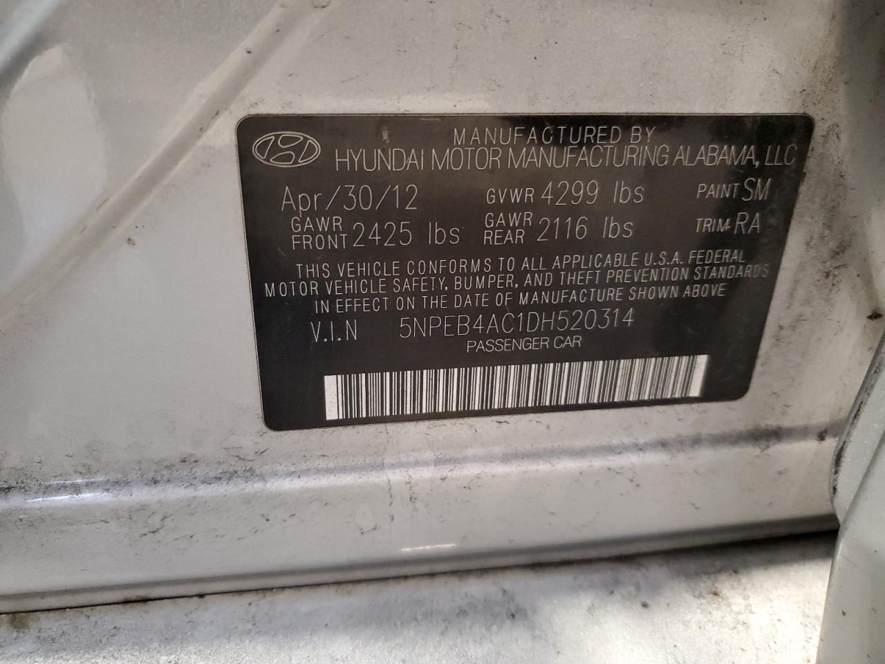 2013 Hyundai Sonata Gls VIN: 5NPEB4AC1DH520314 Lot: 70947995