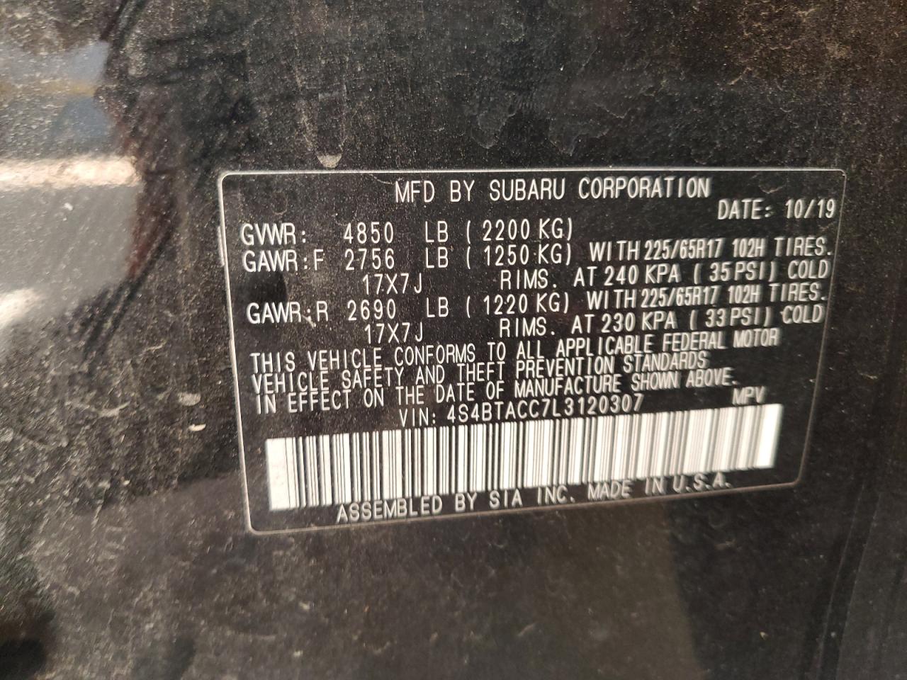 2020 Subaru Outback Premium VIN: 4S4BTACC7L3120307 Lot: 81401515