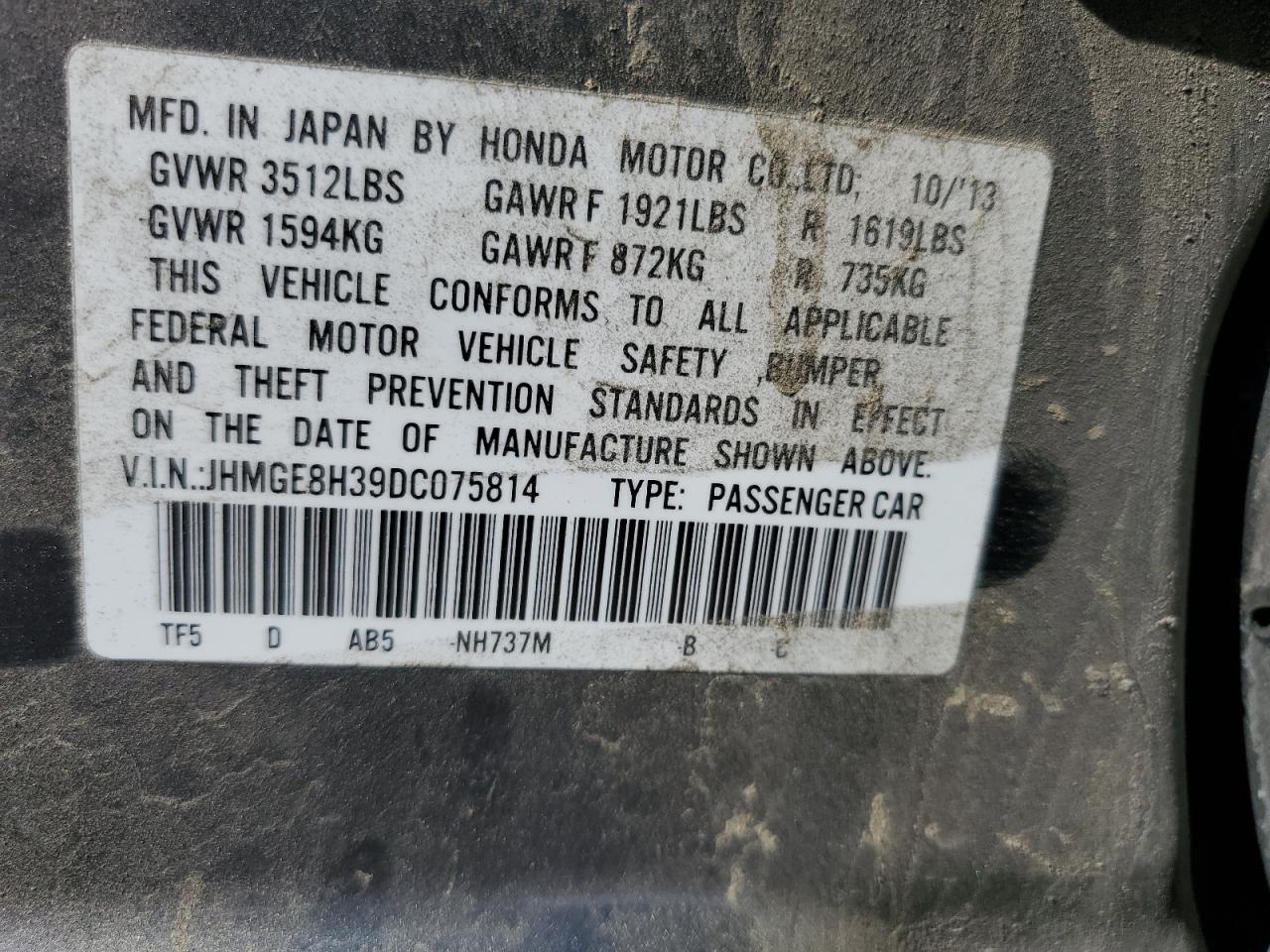 2013 Honda Fit VIN: JHMGE8H39DC075814 Lot: 81137215