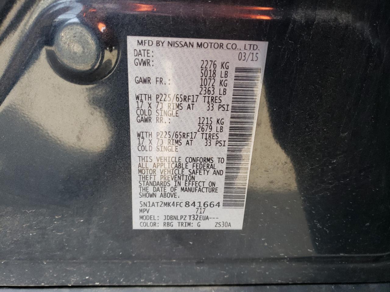 2015 Nissan Rogue S VIN: 5N1AT2MK4FC841664 Lot: 81604275