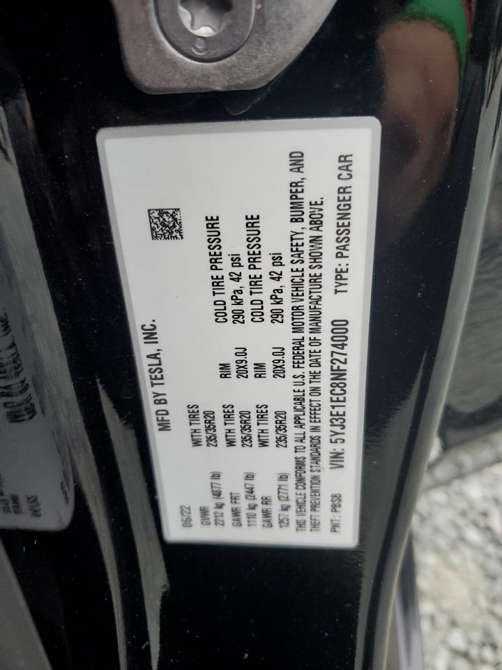 2022 Tesla Model 3 VIN: 5YJ3E1EC8NF274000 Lot: 81751235