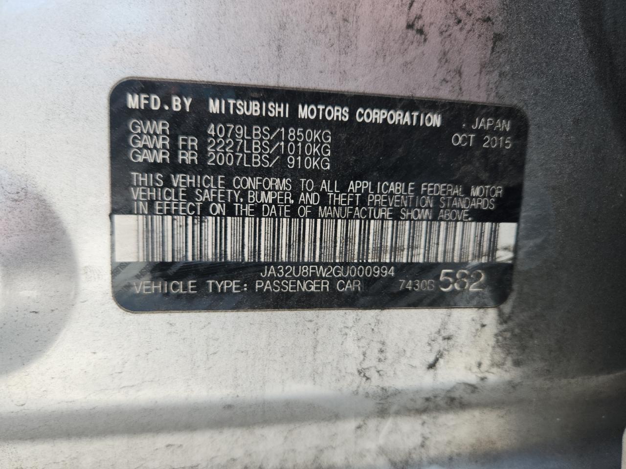 2016 Mitsubishi Lancer Gt VIN: JA32U8FW2GU000994 Lot: 71615435