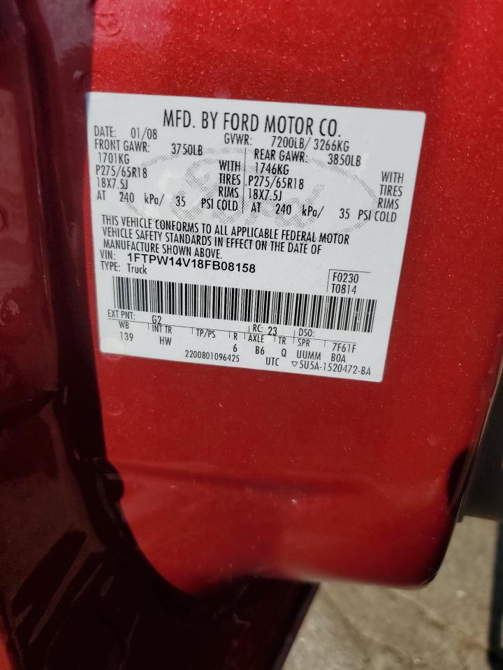 2008 Ford F150 Supercrew VIN: 1FTPW14V18FB08158 Lot: 80108865