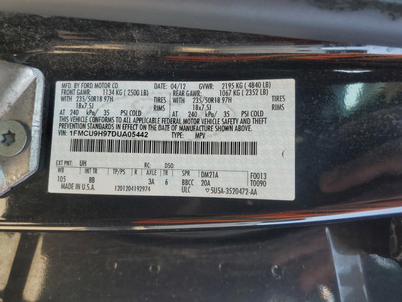 2013 Ford Escape Sel VIN: 1FMCU9H97DUA05442 Lot: 84243855