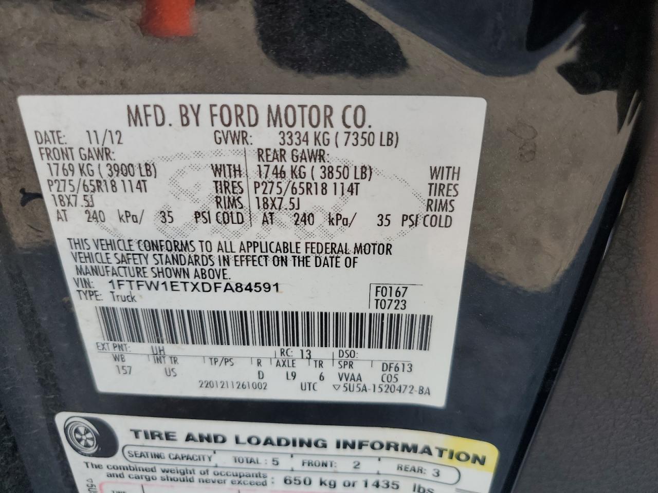 2013 Ford F150 Supercrew VIN: 1FTFW1ETXDFA84591 Lot: 81648835