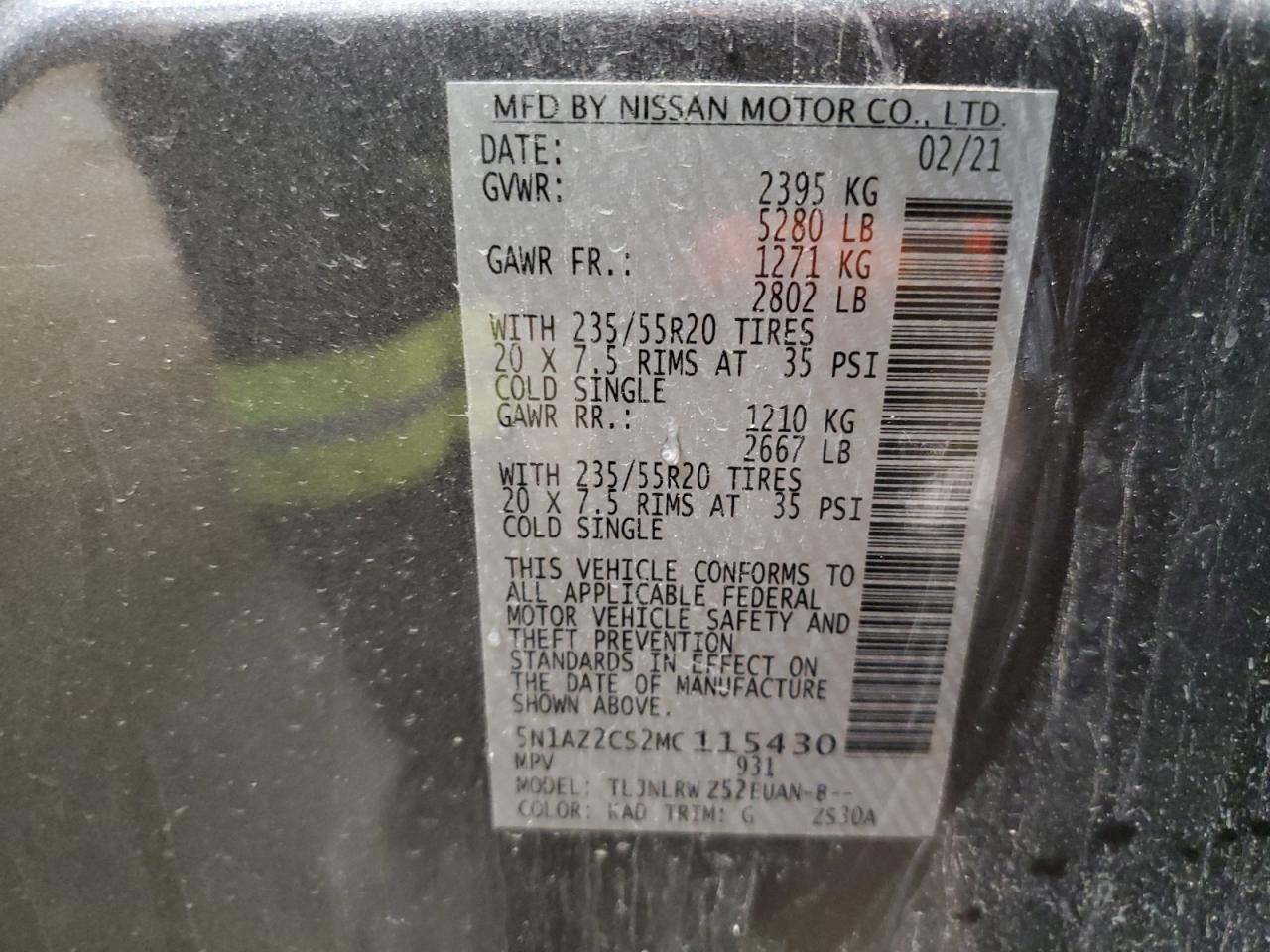 2021 Nissan Murano Sl VIN: 5N1AZ2CS2MC115430 Lot: 84247605