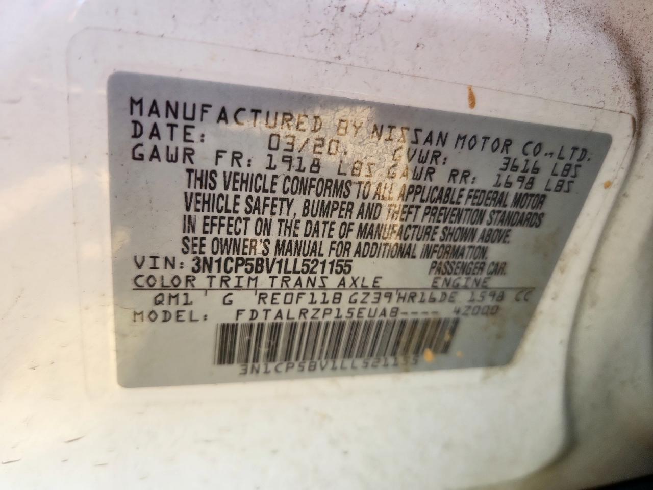 2020 Nissan Kicks S VIN: 3N1CP5BV1LL521155 Lot: 81506415