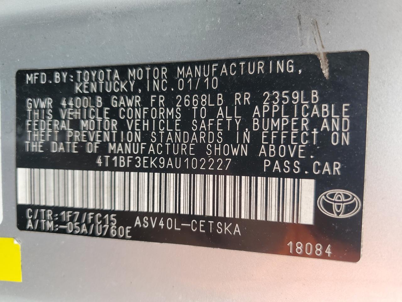 2010 Toyota Camry Base VIN: 4T1BF3EK9AU102227 Lot: 83791035