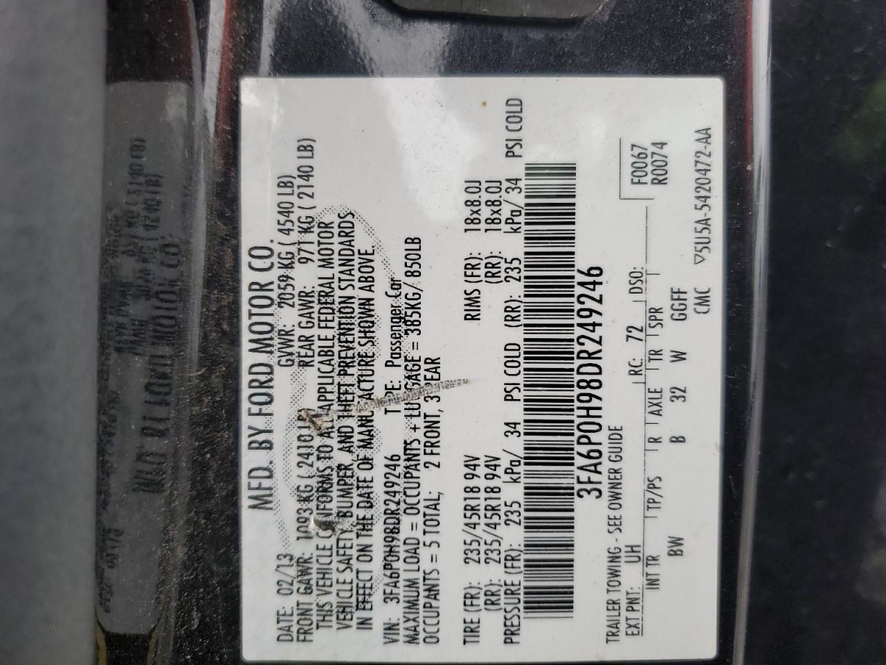 2013 Ford Fusion Se VIN: 3FA6P0H98DR249246 Lot: 84187225