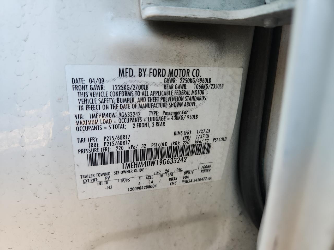 2009 Mercury Sable VIN: 1MEHM40W19G633242 Lot: 81266795