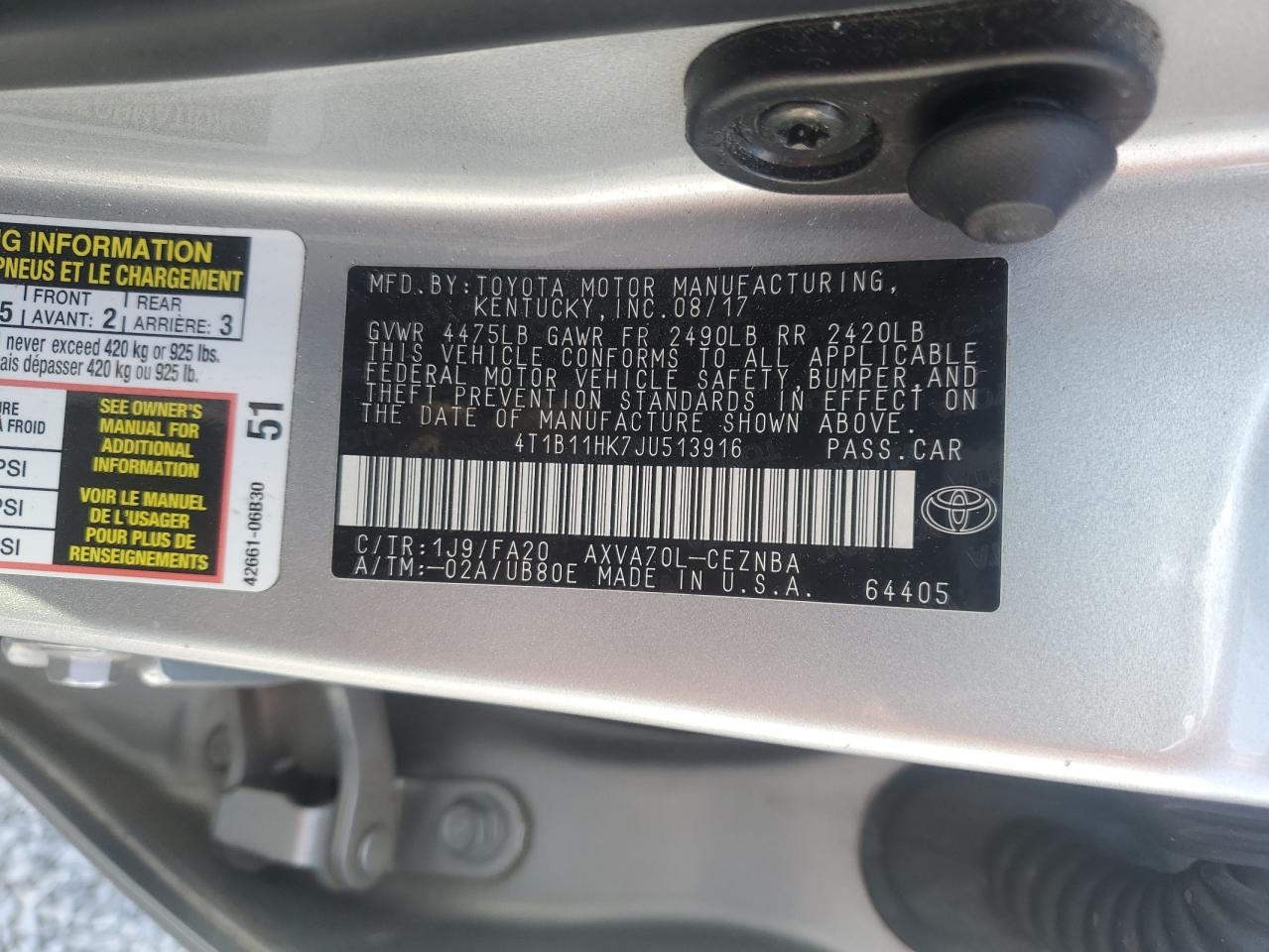 2018 Toyota Camry L VIN: 4T1B11HK7JU513916 Lot: 81930235