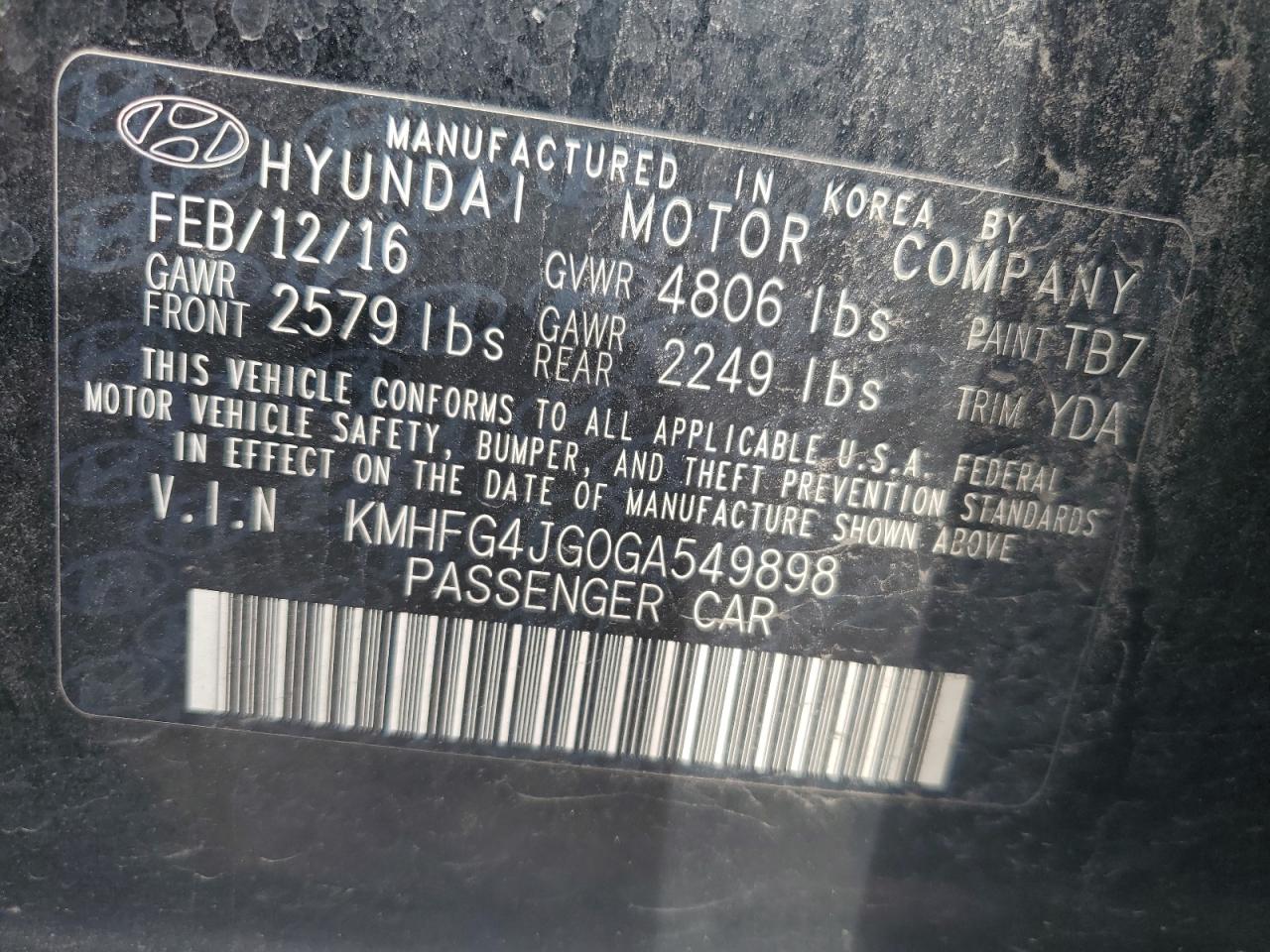 2016 Hyundai Azera VIN: KMHFG4JG0GA549898 Lot: 84740905