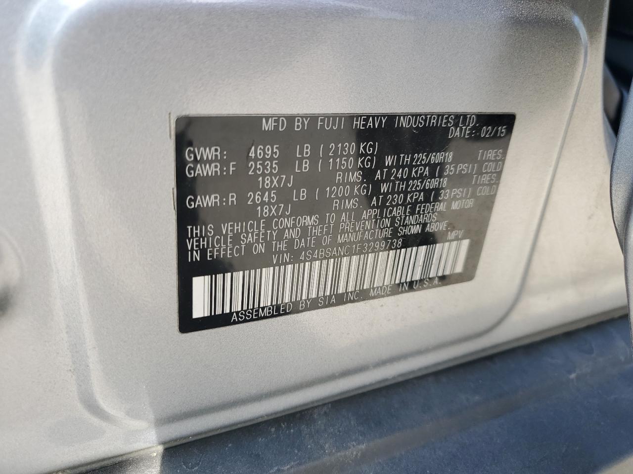 2015 Subaru Outback 2.5I Limited VIN: 4S4BSANC1F3299738 Lot: 81557485