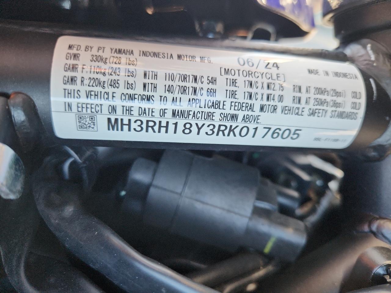 2024 Yamaha Yzfr3 A VIN: MH3RH18Y3RK017605 Lot: 81484995