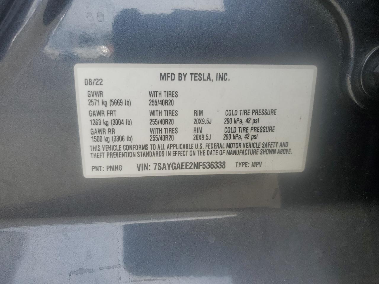 2022 Tesla Model Y VIN: 7SAYGAEE2NF536338 Lot: 81855795