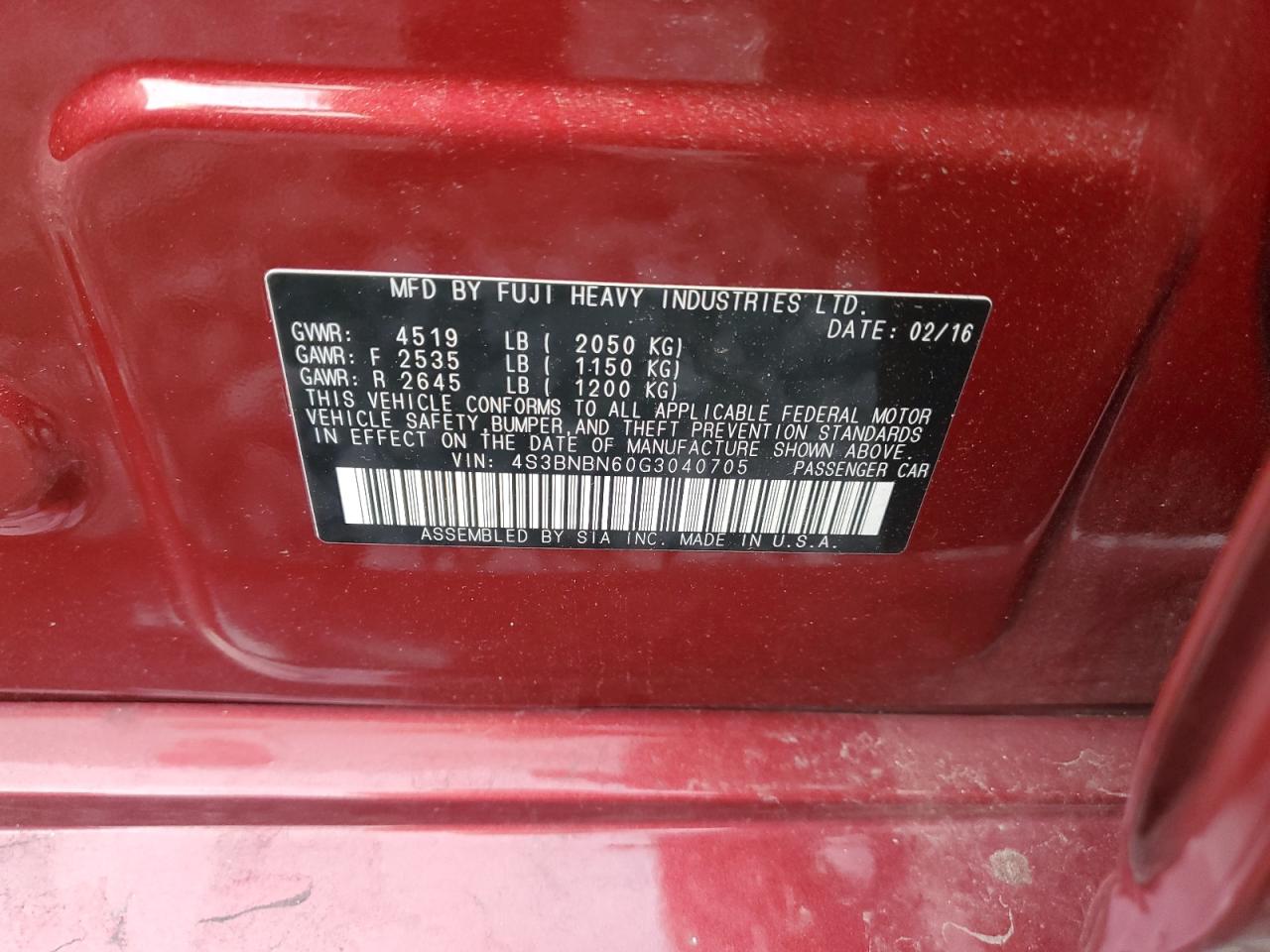 2016 Subaru Legacy 2.5I Limited VIN: 4S3BNBN60G3040705 Lot: 83983325