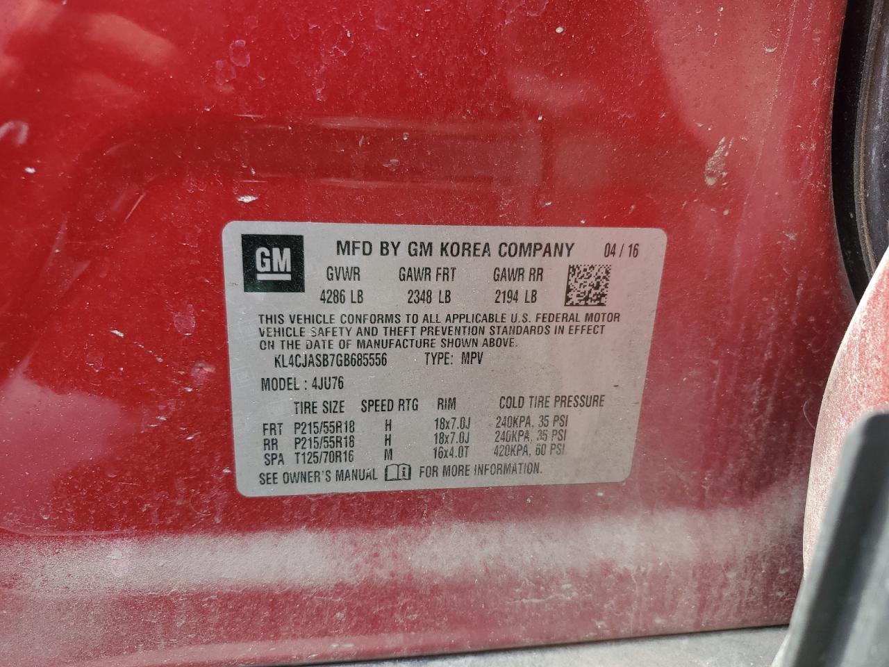 2016 Buick Encore VIN: KL4CJASB7GB685556 Lot: 72073395