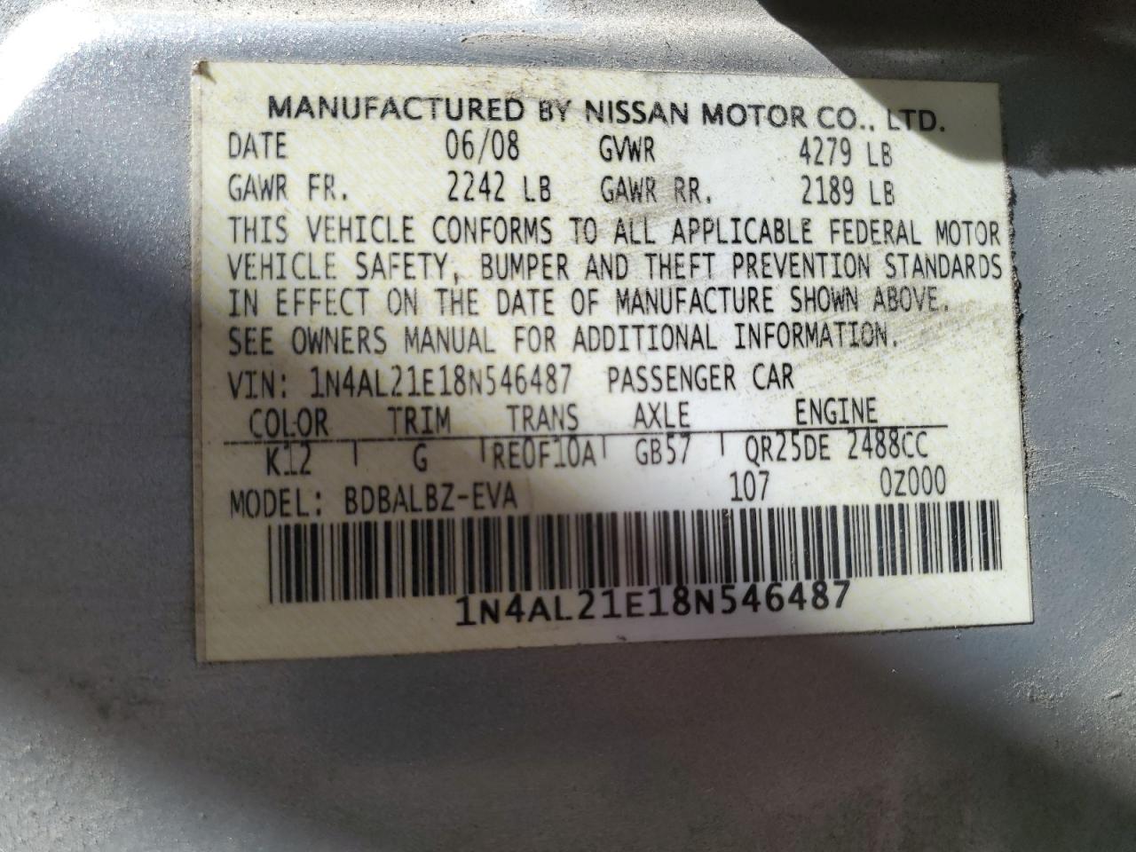 2008 Nissan Altima 2.5 VIN: 1N4AL21E18N546487 Lot: 80996235