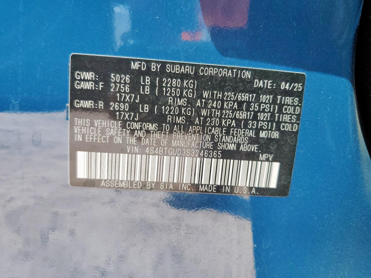 2025 Subaru Outback Wilderness VIN: 4S4BTGUD3S3246365 Lot: 80152355