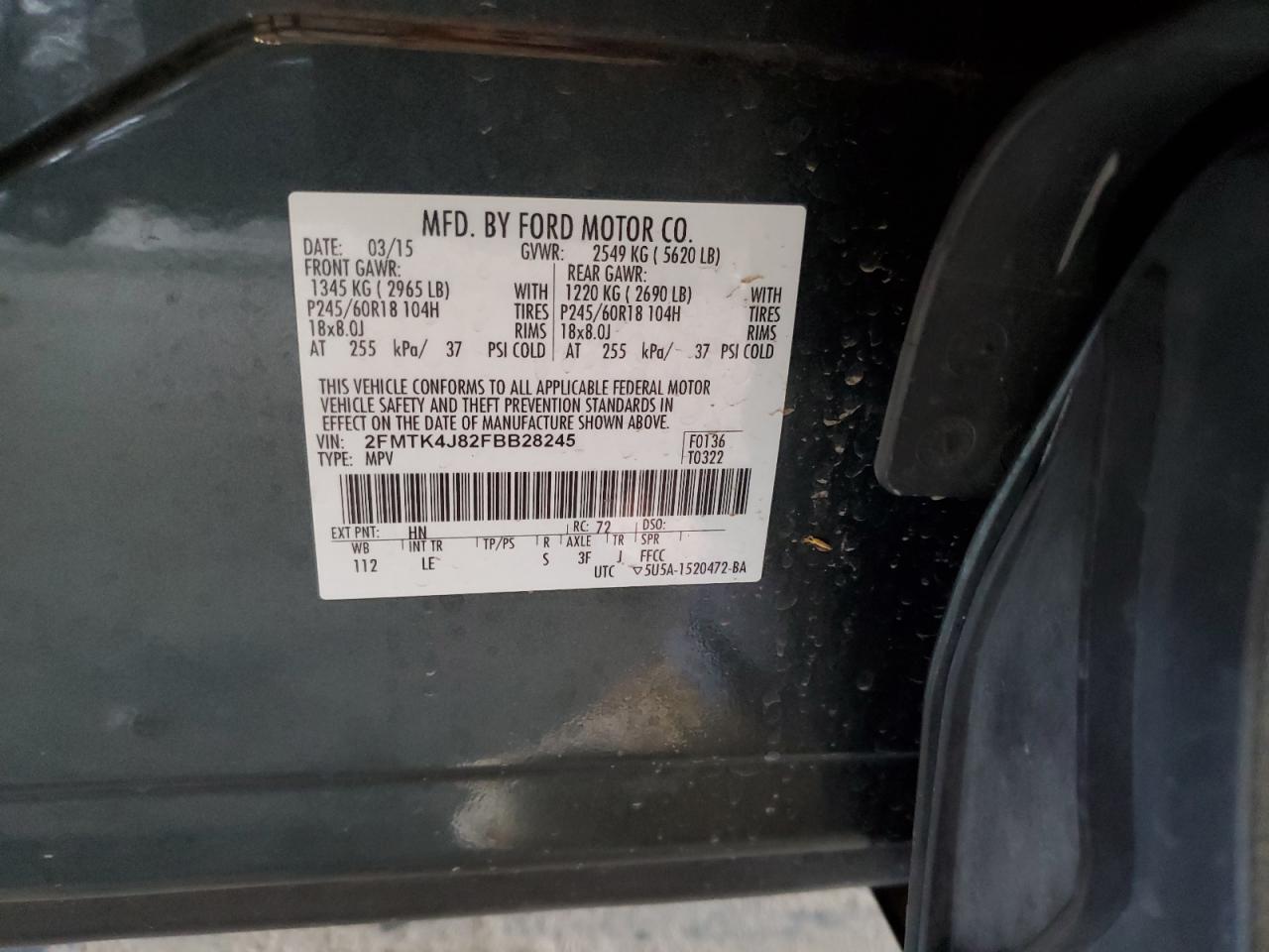 2015 Ford Edge Sel VIN: 2FMTK4J82FBB28245 Lot: 81847265