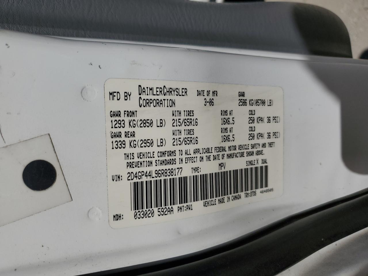 2006 Dodge Grand Caravan Sxt VIN: 2D4GP44L96R838177 Lot: 94762675