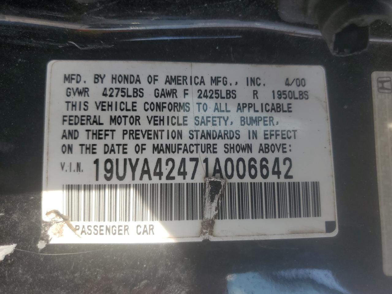 2001 Acura 3.2Cl VIN: 19UYA42471A006642 Lot: 81458075