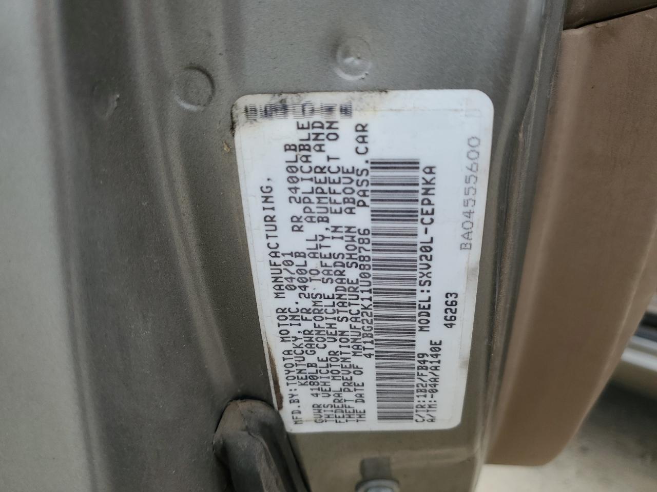 2001 Toyota Camry Ce VIN: 4T1BG22K11U088786 Lot: 84234515