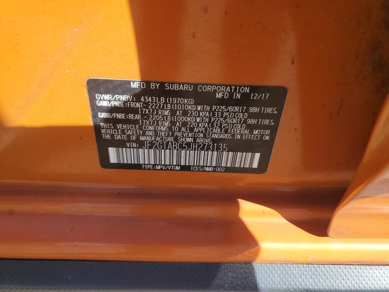 2018 Subaru Crosstrek Premium VIN: JF2GTABC5JH273135 Lot: 84356255