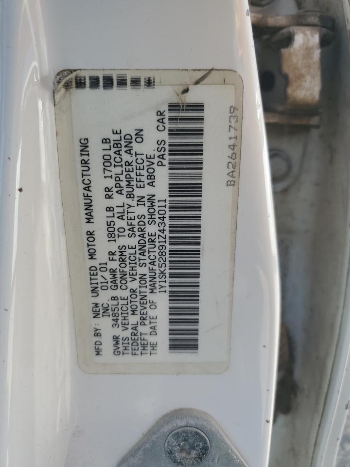 2001 Chevrolet Geo Prizm Base VIN: 1Y1SK52891Z434011 Lot: 71583995